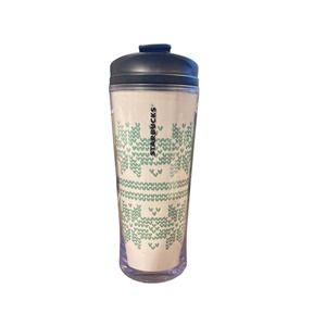 Starbucks 2009 12 oz Travel Tumbler Green and White Snowflake Christmas Sweater